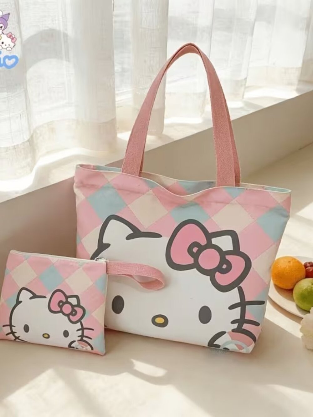 Hello Kitty Pastel Pink and Light Blue Tote with Matching Pouch